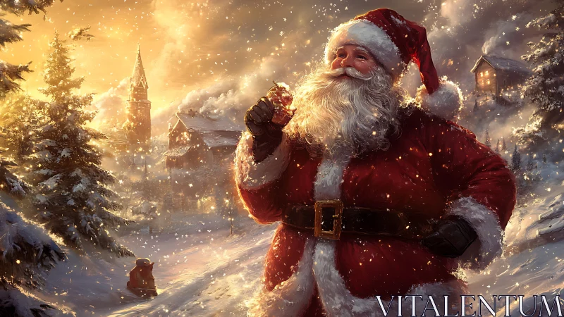 Santa Claus walks through a glowing snowy Christmas village