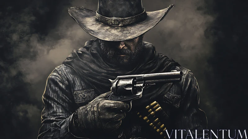 Weathered gunslinger studies revolver under low key chiaroscuro