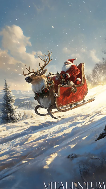 Santa figure in red sleigh pulled by reindeer over snowy hill.