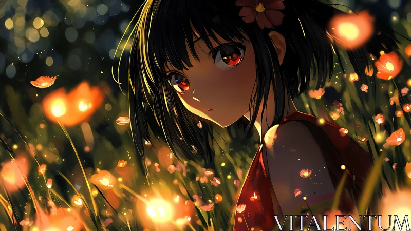 Backlit anime girl in bokeh field with high contrast lighting