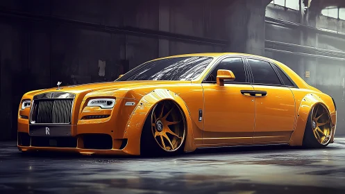 Low-slung orange luxury sedan glows in an urban garage.