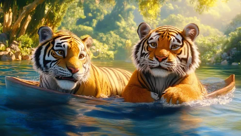 Two Tigers Swimming in Sunlit River Among Dense Tropical Forest