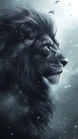 Majestic black lion study captures frozen storm-lit profile