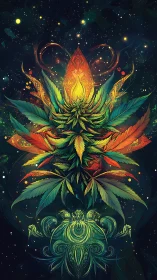 Psychedelic cannabis mandala forms a radiant cosmic totem
