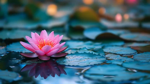 Optically luminous pink waterlily with shallow depth of field.