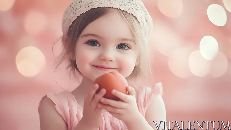 Soft-Focus Portrait of Young Child Holding Red Apple Against Bokeh Background