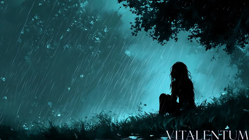 Quiet soul rests under rain-soaked trees in soft blue night