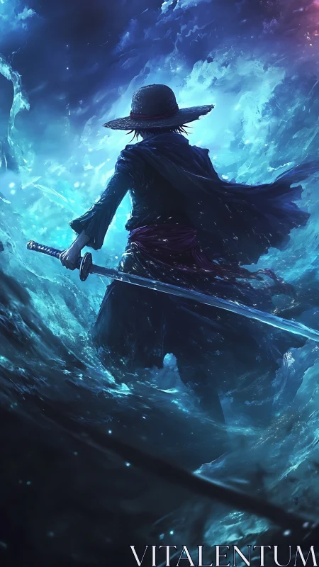 Sword-wielding figure in straw hat amid turbulent blue sea.