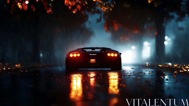 Sleek sports car glowing through a rainy autumn night street.