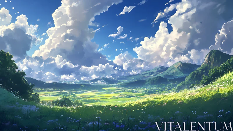 Wide valley landscape under cumulus cloud formations.