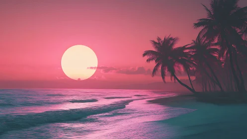 Neon sunset bathes a tranquil palm beach in dreamy light