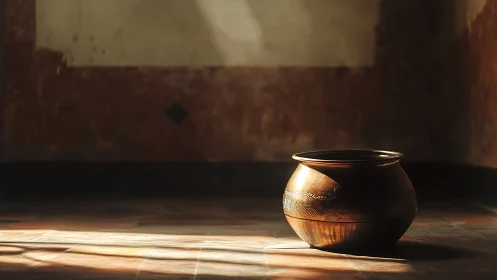 A single brass pot rests on a tiled floor in side light