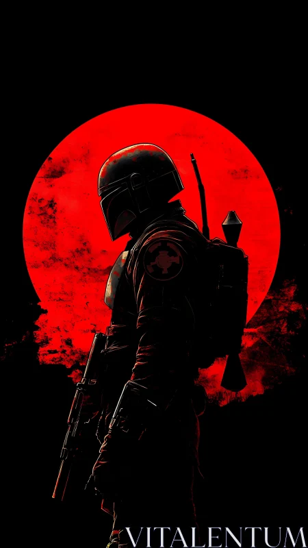 Digital painting profile of armored bounty hunter, red solar backdrop.