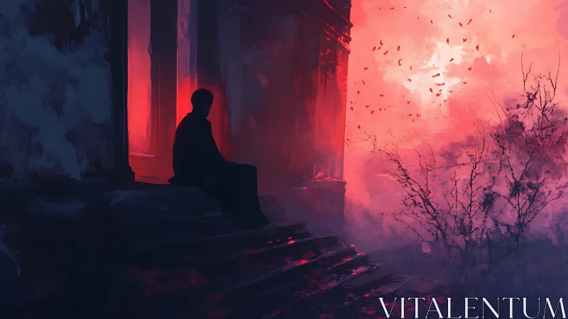 Silhouette on ruined steps facing blazing crimson fog.