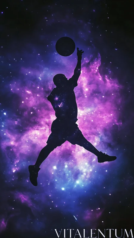 Silhouette of cosmic basketball player leaping through nebulae.