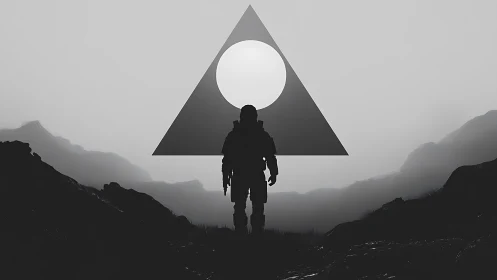 Silhouetted explorer before geometric portal in monochrome haze.