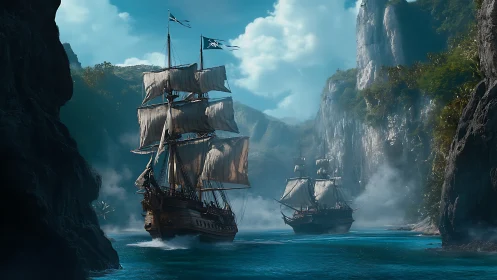 Sailing ships move through narrow coastal strait between cliffs