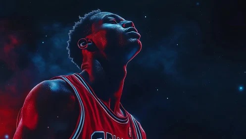 Neon-lit basketball portrait emphasizes rim lighting and cosmic depth