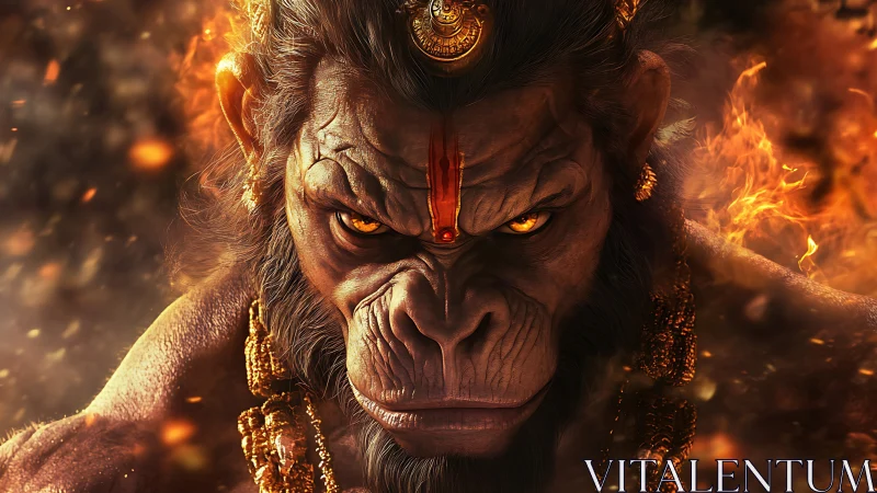 Fire-eyed warrior simian glares through swirling molten dusk