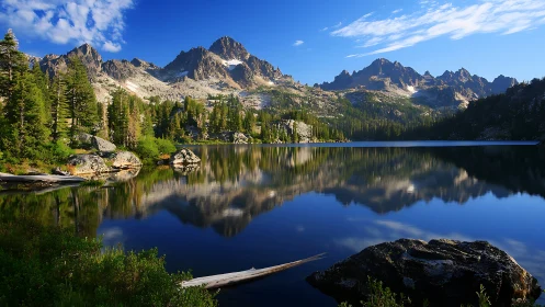 Alpine lake reflection with jagged granite peaks panorama.