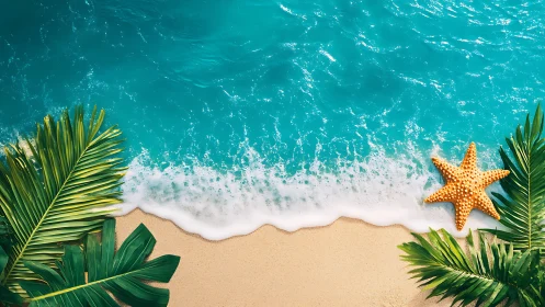 Starfish rests on tropical beach beside turquoise shoreline