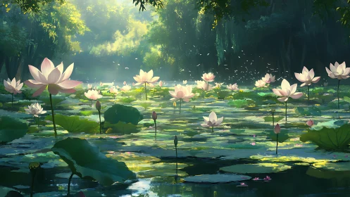Sunlit lotus pond shimmers beneath a tranquil forest canopy.