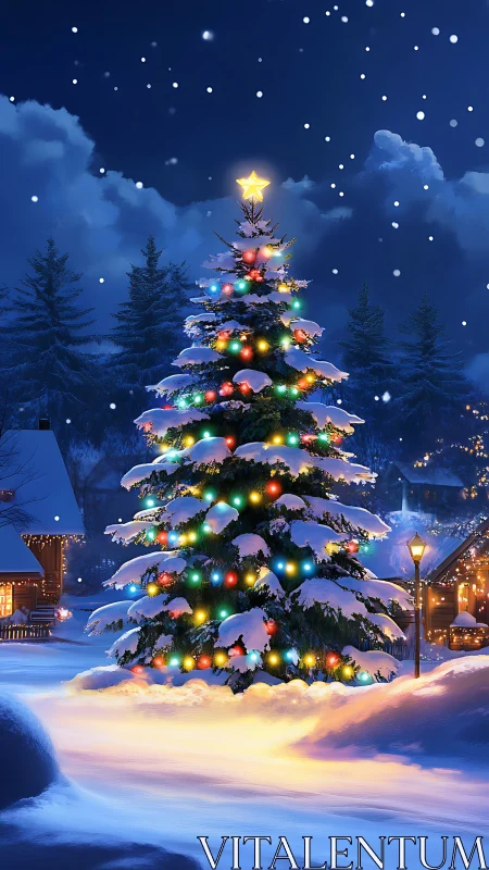 Snow-covered village Christmas tree glows under a starry sky