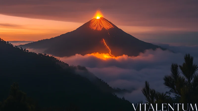 Volcanic cone with lava flow above layered cloud valley.