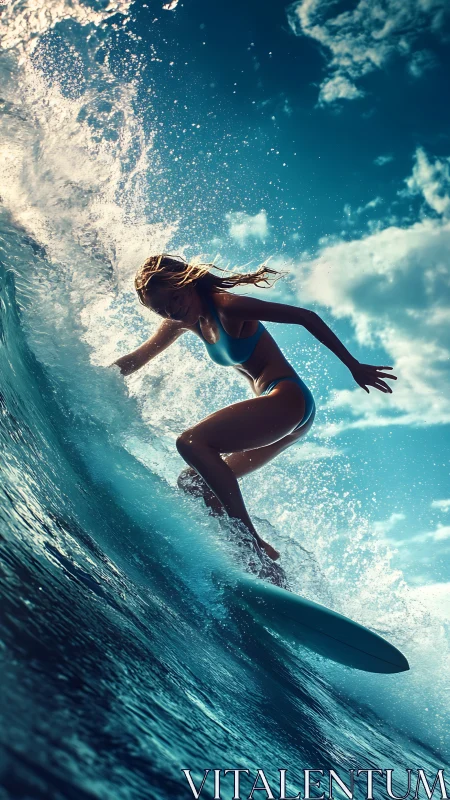 Photorealistic low-angle surf action with dynamic wave geometry.