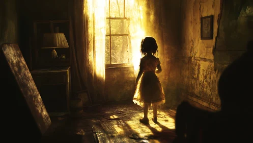 Backlit child in decayed room filled with golden dust.