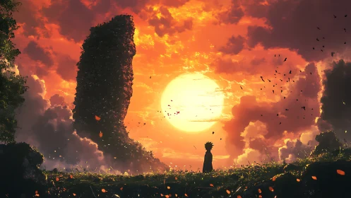 Backlit silhouette before monolithic skybound tower at sunset.