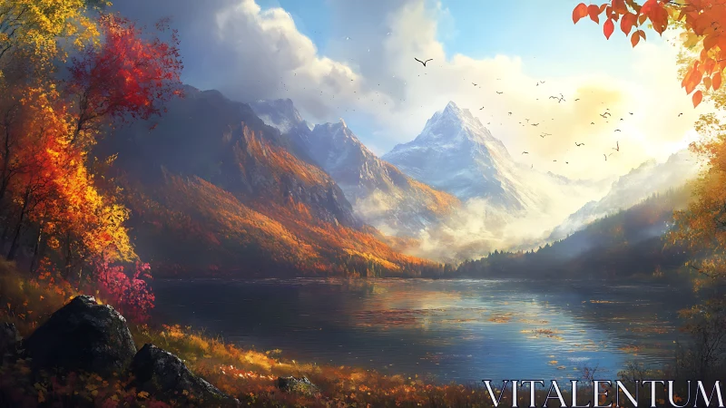 Sunlit alpine lake framed by autumnal forest and snowy peaks