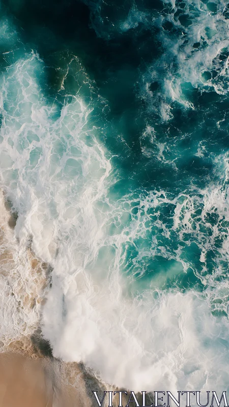 Overhead view shows waves breaking on sandy shoreline