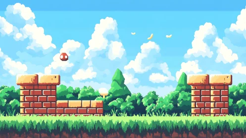 Side-scrolling pixel game landscape shows brick platforms