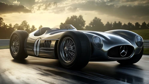 Classic silver Mercedes race car rests on wet track at dusk