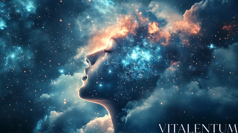 Cosmic human profile dissolving into glowing starfield sky.