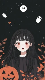 Girl with pumpkin and ghosts stands in stylized night scene