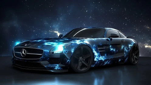 Star-splashed supercar prowling a neon-soaked cosmic highway.