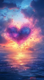 Luminescent Heart Form Suspended Within Volumetric Cloud Atmosphere.