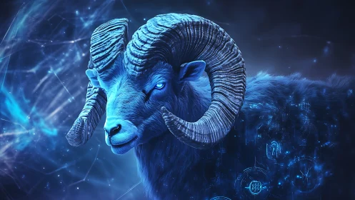 Celestial blue ram gazes calmly through a glowing cosmic haze