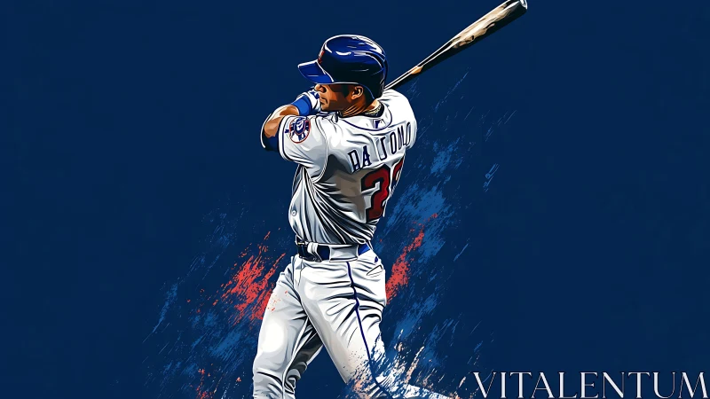 Baseball batter mid swing on bold blue graphic field.