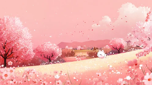 Pink stylized landscape with cherry trees and small white cat.