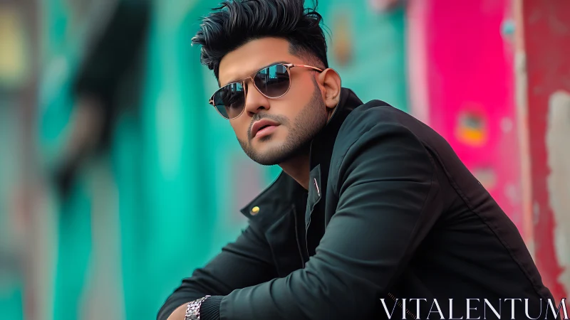 Stylish man in sunglasses against teal pink urban wall.