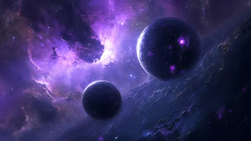 Twin violet worlds drift through a cascading cosmic tide