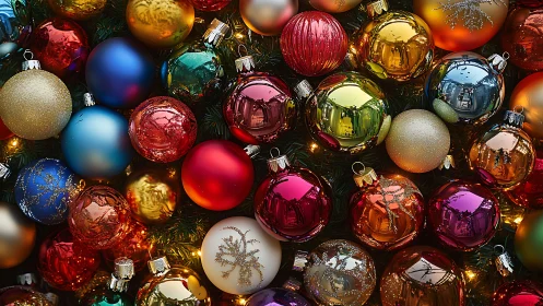 Multicolored glass baubles arranged on dense evergreen branches.