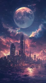 Dreamlit futuristic city glowing beneath a colossal moon.