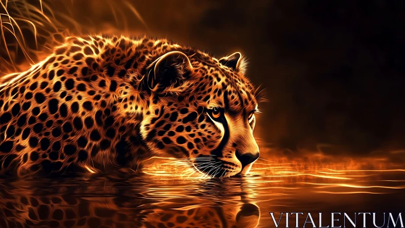 Glowing Leopard in Water: Digital Neon Portrait.