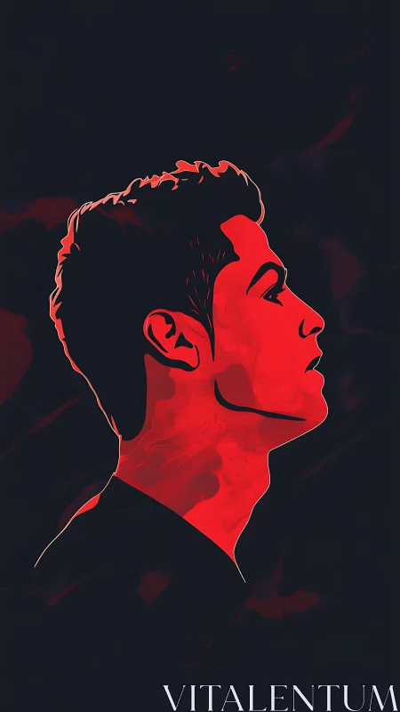 Red profile portrait silhouette over deep noir background.