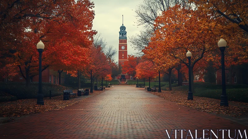 Brick campus clock tower rises along a tranquil autumn walk