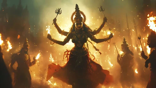 Warrior goddess rises through blazing ceremonial firestorm.